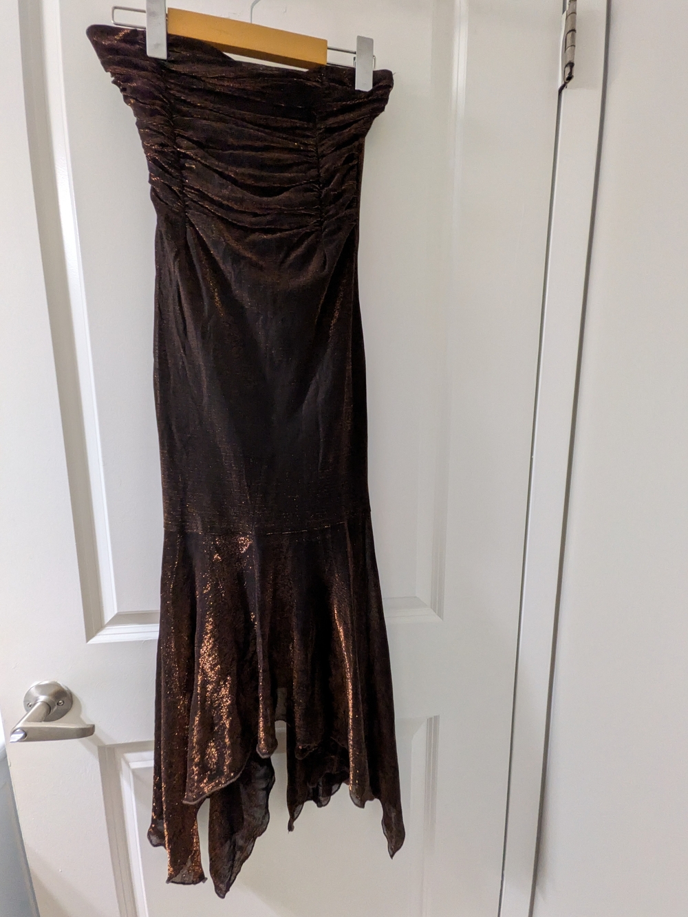 Vintage Strapless Metallic Bronze Ruched Evening Dress